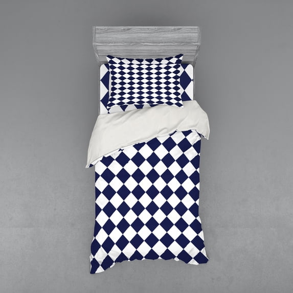 Ambesonne Blue Bedding Set 3 Pcs, Old Home Tile Inspired, Twin, Navy Blue and White