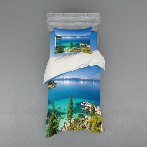 Ambesonne Blue Bedding Set 3 Pcs, Tranquil Tahoe Shoreline, Twin XL, Blue Grey Green
