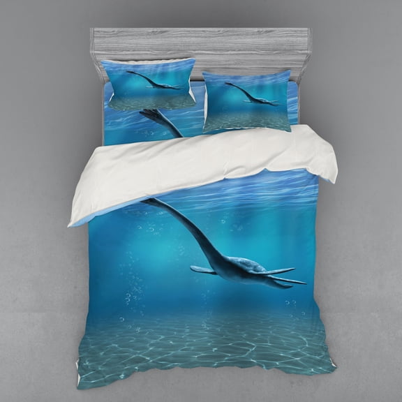 Ambesonne Blue Bedding Set 4 Pcs, Aquatic Dinosaur, Queen, Blue