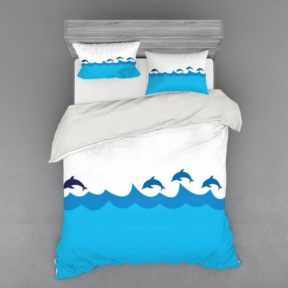 Ambesonne Blue Bedding Set 4 Pcs, Dolphins on Waves Ocean, Queen, Blue Turquoise