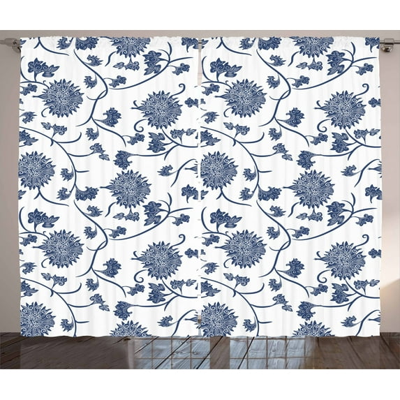 Ambesonne Blue Curtains 2 Panel Set, Chinese Garden Traditional, 108" x 96", Blue White