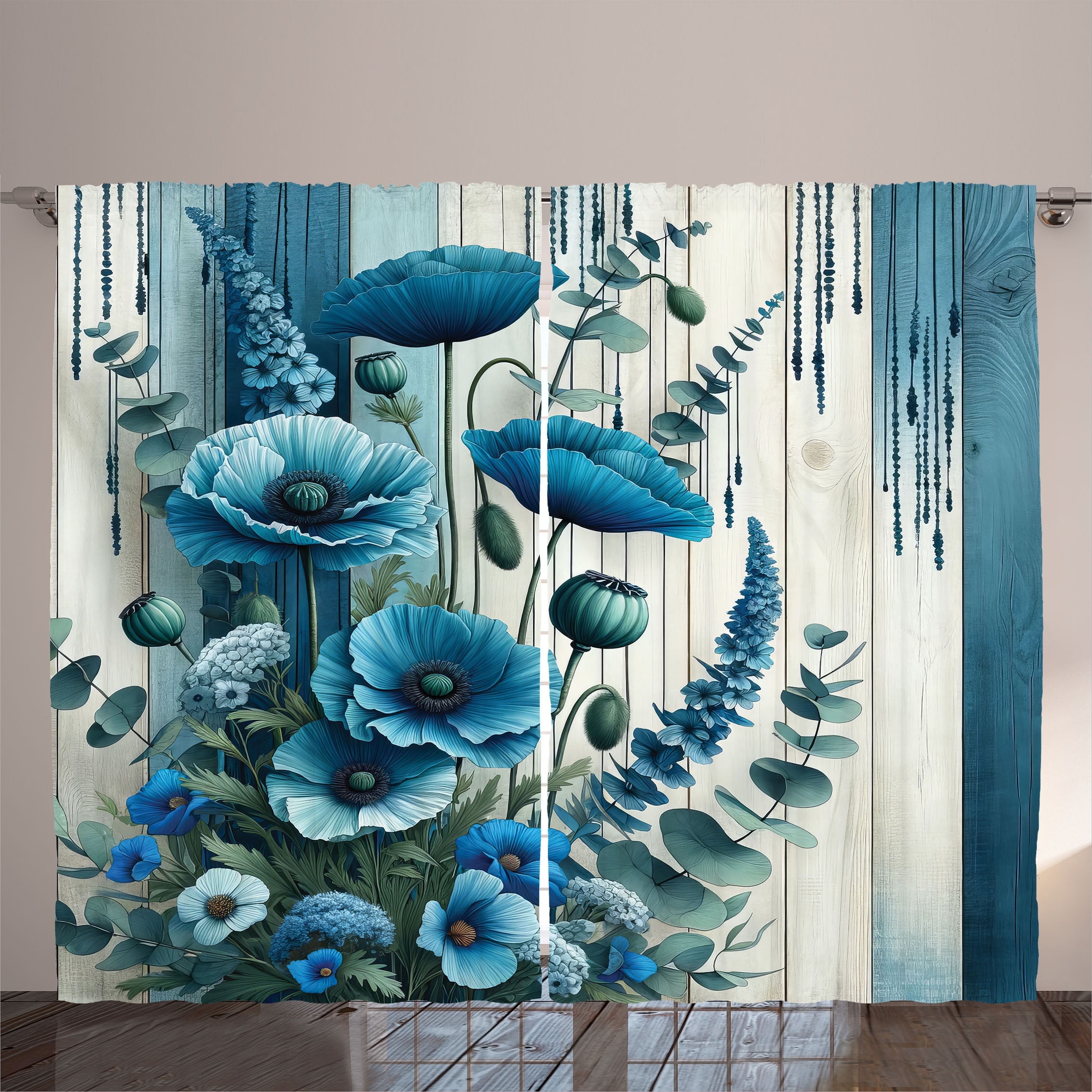 Blue and Off-White Floral Polyester Sheer Curtain Panel