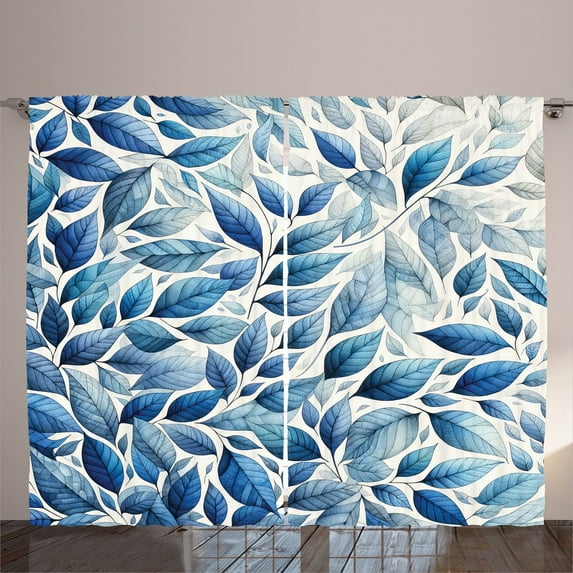 Ambesonne Blue Curtains 2 Panel Set, Watercolor Botany Leaf Print, 108" x 63", Violet Blue