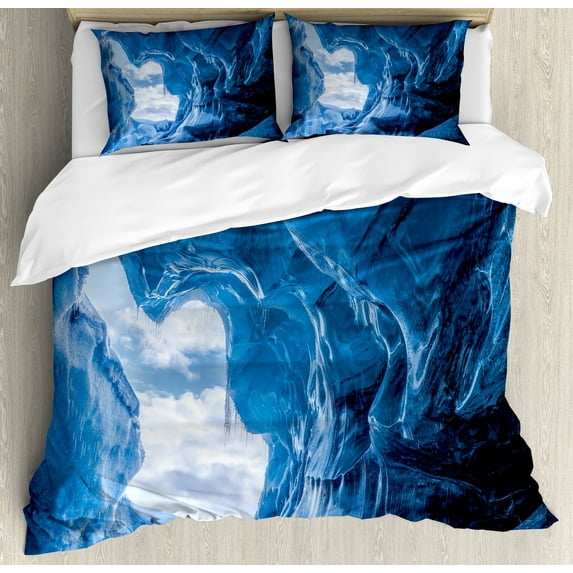 Ambesonne Blue Duvet Cover Set, Glacier Frozen Cave, 2-Calking, Blue