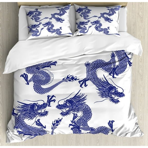 Ambesonne Blue Duvet Cover Set, Japanese Dragons Mythical, Calking, Blue