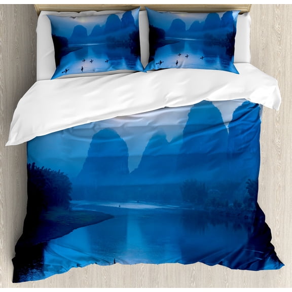 Ambesonne Blue Duvet Cover Set, Sunrise Raft River Scenery, Calking, Royal Blue Aqua