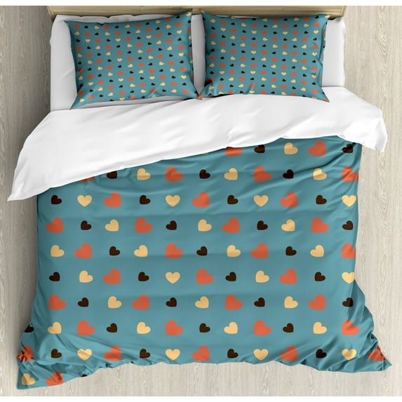 Ambesonne Blue Duvet Cover Set, Valentines Romantic Love, 2-Calking, Blue Brown and Vermilion