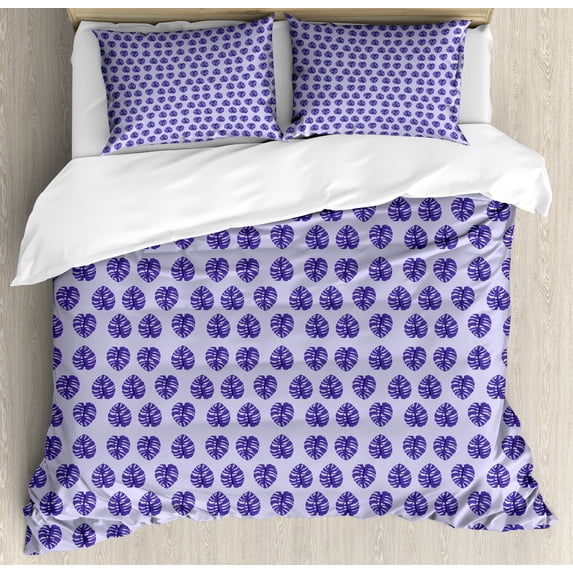 Ambesonne Blue Duvet Cover Sets, Exotic Monstera Leaves Images, 2-Queen, Quartz Mauve