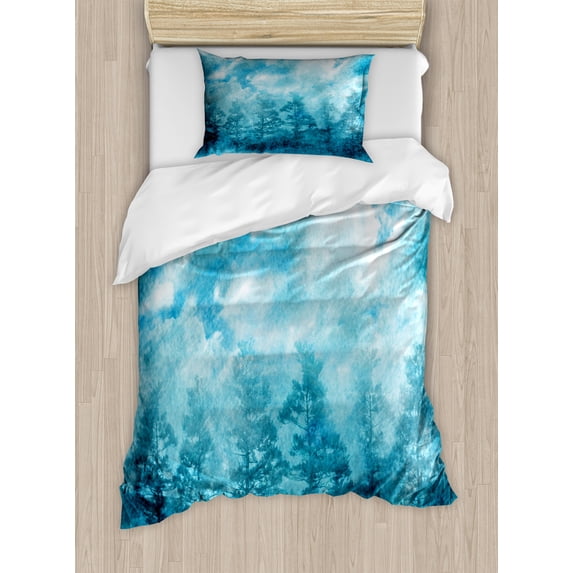 Ambesonne Blue Duvet Cover Sets, Grunge Sky Foggy Night, 2-Twin, Blue Teal