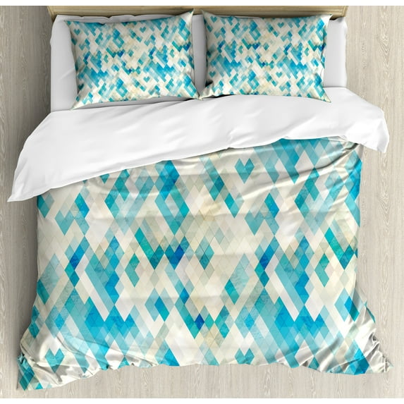 Ambesonne Blue Duvet Cover Sets, Hexagonal Abstract Grunge, 2-King, Turquoise White