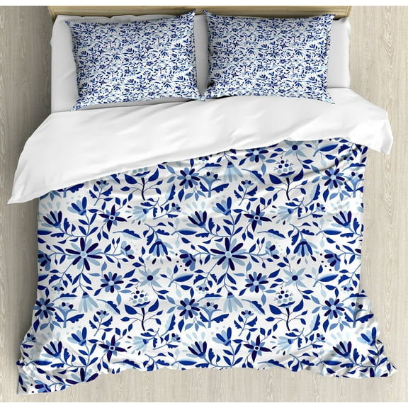 Ambesonne Blue Duvet Cover Sets, Modern Flowers Leaves Buds, 2-Queen, Pale Blue Navy Blue