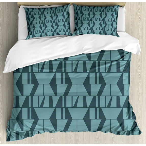 Ambesonne Blue Duvet Cover Sets, Modern Squares Triangles, 2-King, Petrol Blue Dark Blue