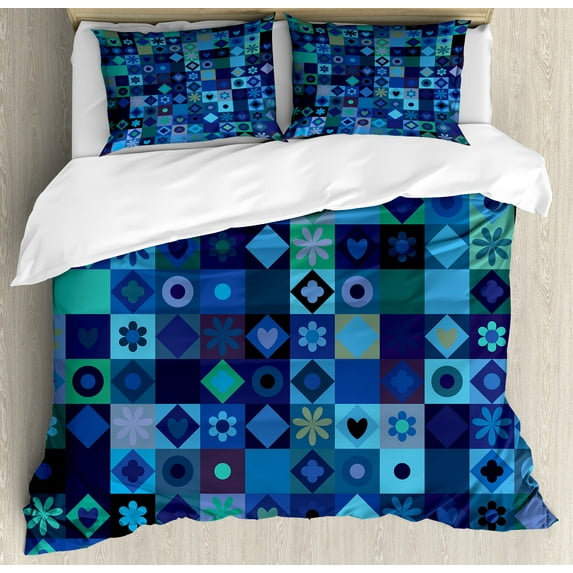 Ambesonne Blue Duvet Cover Sets, Play Cards Theme Design, 2-Queen, Fern Green Purple