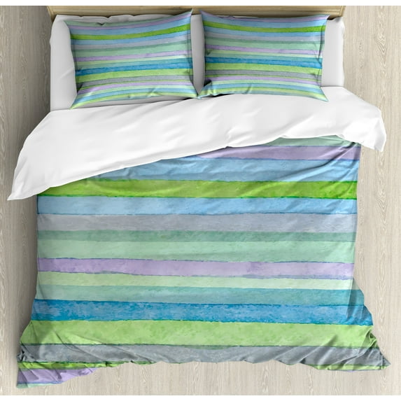 Ambesonne Blue Duvet Cover Sets, Watercolor Stripes Art, 2-Queen, Blue Green Violet