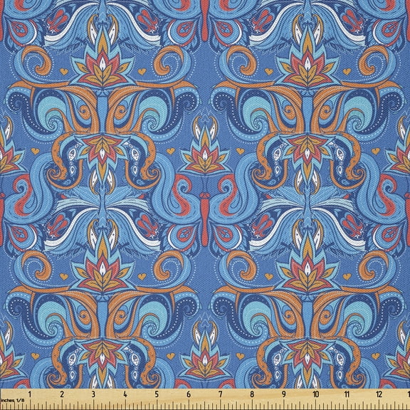 Ambesonne Blue Fabric by the Yard Microfiber, Abstract Floral Ornaments, 1 Yard, Blue Orange Coral