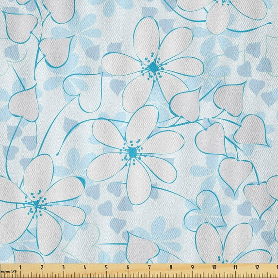 Ambesonne Blue Fabric by the Yard Microfiber, Abstract Flowers Hearts, 3 Yards, Pale Blue Aqua White