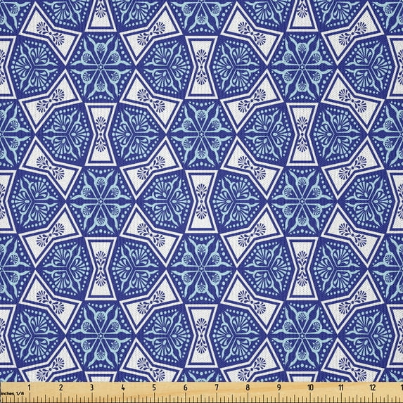 Ambesonne Blue Fabric by the Yard Microfiber, Indigo Floral Geometric, 1 Yard, Dark Blue Sky Blue