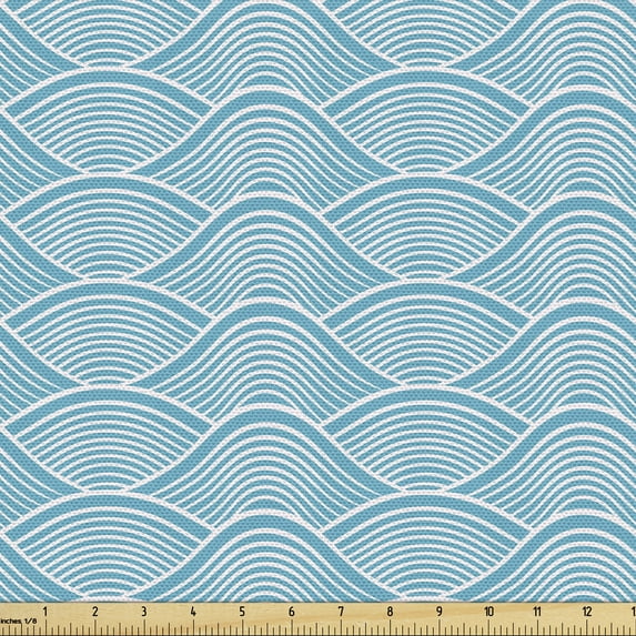 Ambesonne Blue Fabric by the Yard Upholstery, Japanese Ocean Sea Waves, 1 Yard, Sky Blue White