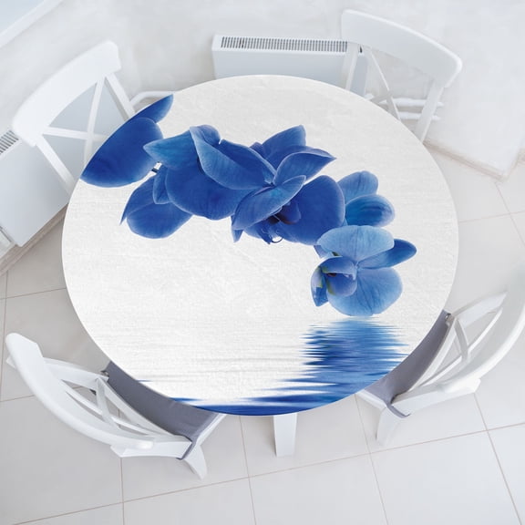 Ambesonne Blue Fitted Round Tablecloth, Orchid Bridal, 36"- 40" Diameter, Violet Blue White