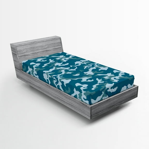 Ambesonne Blue Fitted Sheet 2 Pcs Set, Camouflage Oceanic Colors, Twin XL, Slate Blue Pale Blue