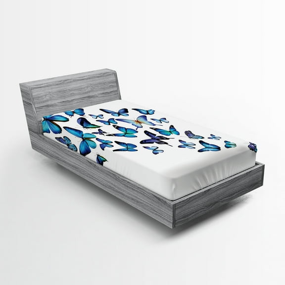 Ambesonne Blue Fitted Sheet 2 Pcs Set, Nature Botanic Spring, Twin, Blue Sky Blue Black