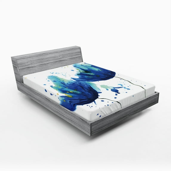Ambesonne Blue Fitted Sheet 2 Pcs Set, Watercolor Modern Floral Art, Full, Pale Blue and Blue