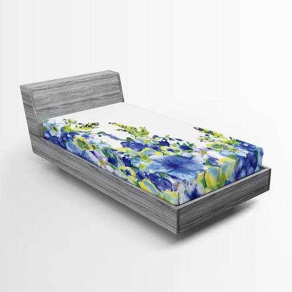 Ambesonne Blue Fitted Sheet, Bridal Leaves, Twin Size, Yellow Blue