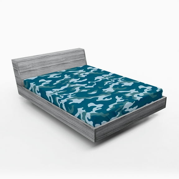 Ambesonne Blue Fitted Sheet, Camouflage Oceanic Colors, Full Size, Slate Blue Pale Blue