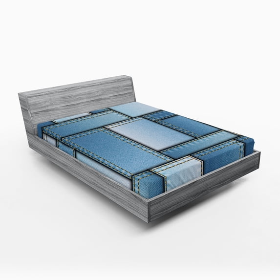 Ambesonne Blue Fitted Sheet, Denim Patchwork Pattern, Full Size, Blue
