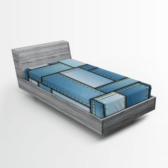 Ambesonne Blue Fitted Sheet, Denim Patchwork Pattern, Twin Size, Blue