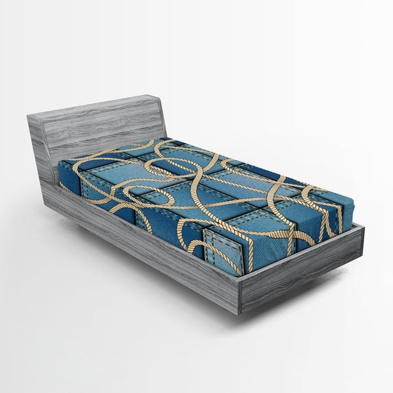 Ambesonne Blue Fitted Sheet, Denim Patchwork, Twin XL Size, Blue