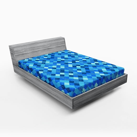 Ambesonne Blue Fitted Sheet, Diagonal Checked Pattern, Queen Size, Turquoise Dark Blue