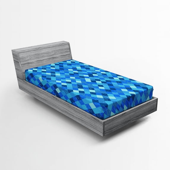 Ambesonne Blue Fitted Sheet, Diagonal Checked Pattern, Twin XL Size, Turquoise Dark Blue