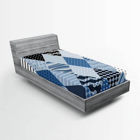 Ambesonne Blue Fitted Sheet, Diamond Shaped Patchworks, Twin XL Size, Blue Black
