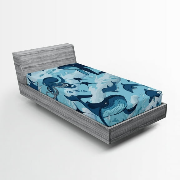Ambesonne Blue Fitted Sheet, Dolphins Octopus Starfish, Twin XL Size, Blue