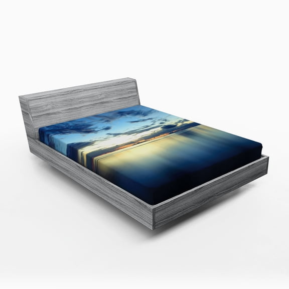 Ambesonne Blue Fitted Sheet, Dusk over Tropical Lagoon, Full Size, Dark Blue