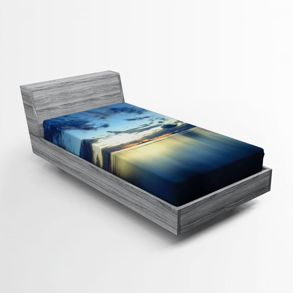 Ambesonne Blue Fitted Sheet, Dusk over Tropical Lagoon, Twin Size, Dark Blue