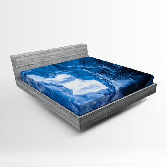 Ambesonne Blue Fitted Sheet, Glacier Frozen Cave, Queen Size, Blue