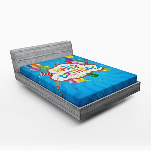 Ambesonne Blue Fitted Sheet, Greeting Text Party Hats, Queen Size, Multicolor