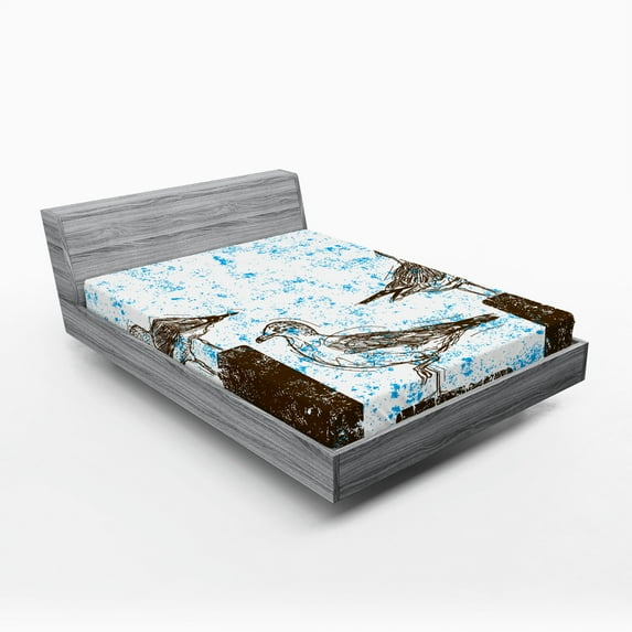 Ambesonne Blue Fitted Sheet, Grungy Sketch Seagulls, Queen Size, Blue White Brown