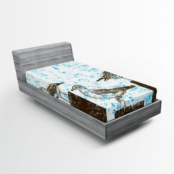Ambesonne Blue Fitted Sheet, Grungy Sketch Seagulls, Twin Size, Blue White Brown