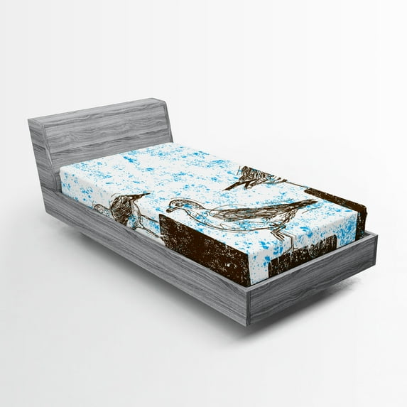 Ambesonne Blue Fitted Sheet, Grungy Sketch Seagulls, Twin Size, Blue White Brown
