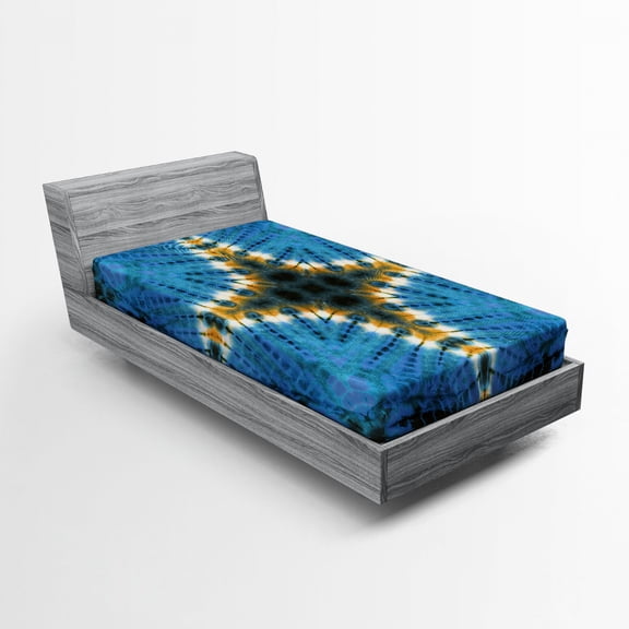 Ambesonne Blue Fitted Sheet, Ikat Pattern, Twin Size, Blue Orange