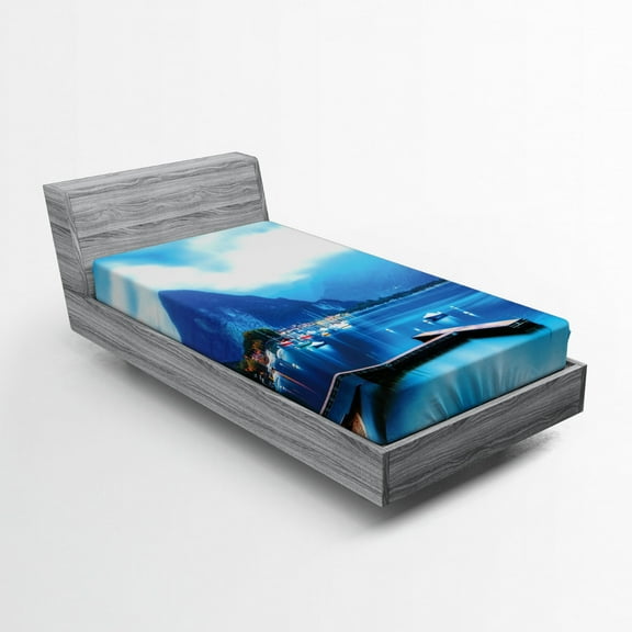 Ambesonne Blue Fitted Sheet, Italian Harbor Village, Twin XL Size, Blue