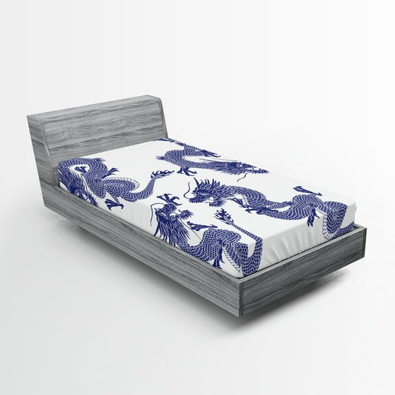 Ambesonne Blue Fitted Sheet, Japanese Dragons Mythical, Twin Size, Blue