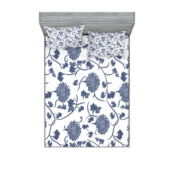 Ambesonne Blue Fitted Sheet & Pillow Sham Set, Chinese Garden Traditional, Queen, Blue White
