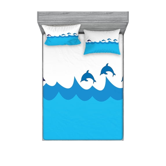 Ambesonne Blue Fitted Sheet & Pillow Sham Set, Dolphins on Waves Ocean, Queen, Blue Turquoise