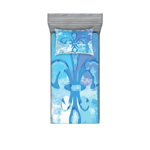 Ambesonne Blue Fitted Sheet & Pillow Sham Set, France Fleur de Lis, Twinxl, Blue