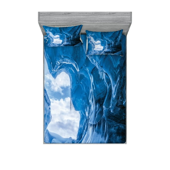 Ambesonne Blue Fitted Sheet & Pillow Sham Set, Glacier Frozen Cave, Queen, Blue