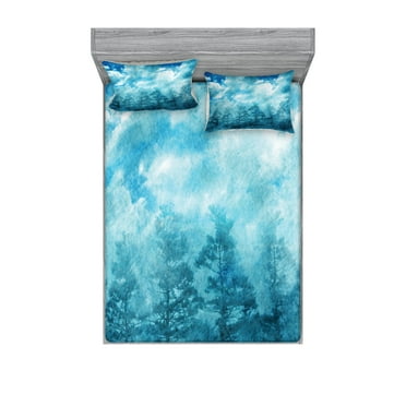 Ambesonne Blue Fitted Sheet & Pillow Sham Set, Grunge Sky Foggy Night, Queen, Blue Teal